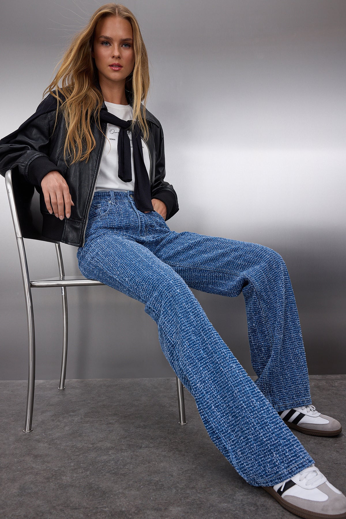 Mavi Dokulu Yüksek Bel Wide Leg Geniş Paça %100 Pamuk Non-Stretch Jeans TWOSS25JE00043