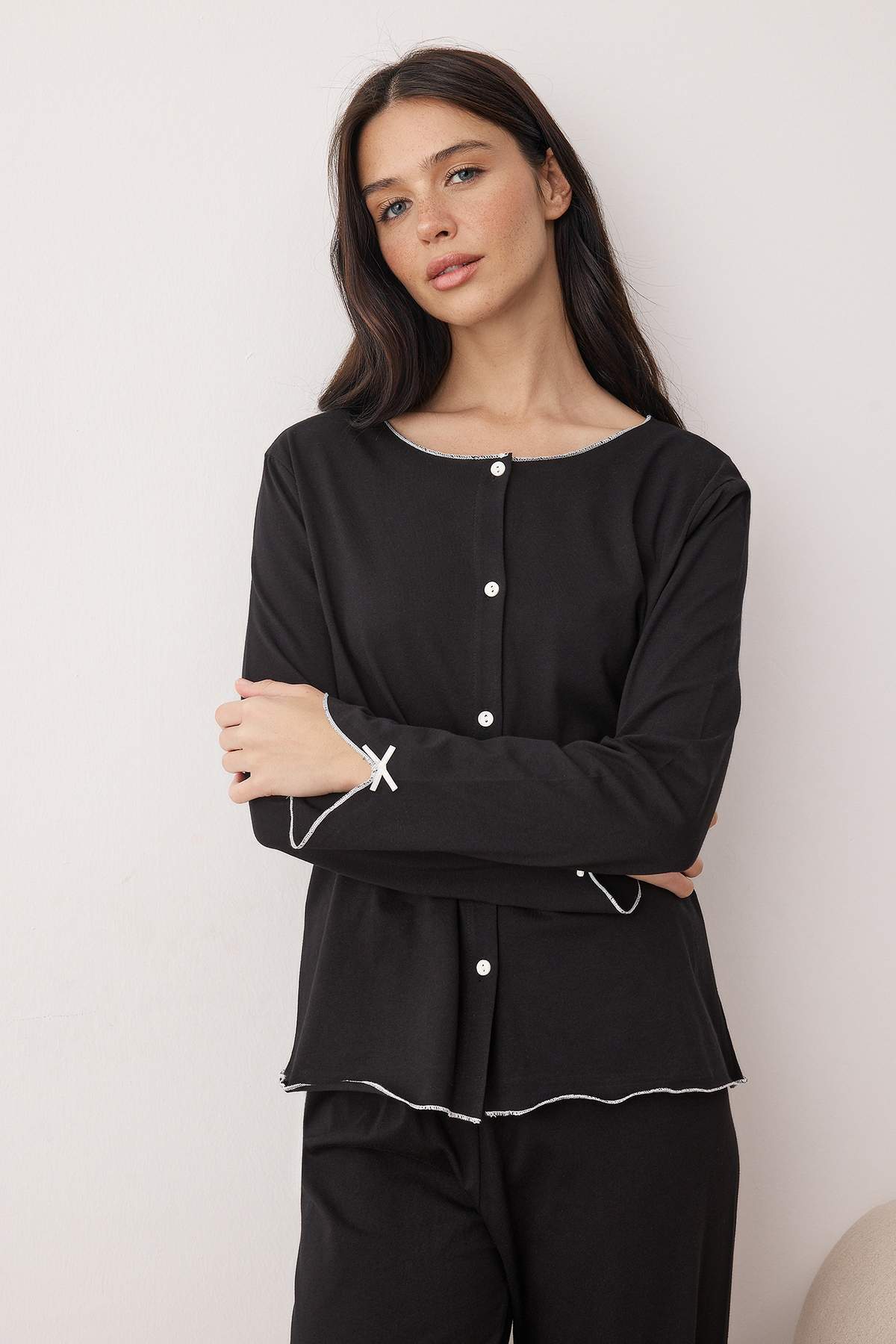Siyah %100 Pamuklu Baby Overlok ve Kurdele Detaylı Örme Pijama Takımı THMAW26PT00228 Secondary image