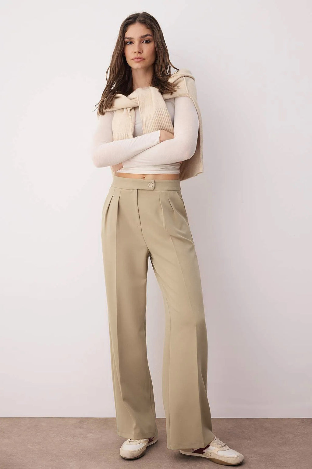 Trendyolmilla Ekru Wide Leg/Geniş Paça Yüksek Bel Dokuma Kumaş Pantolon TWOAW22PL0066