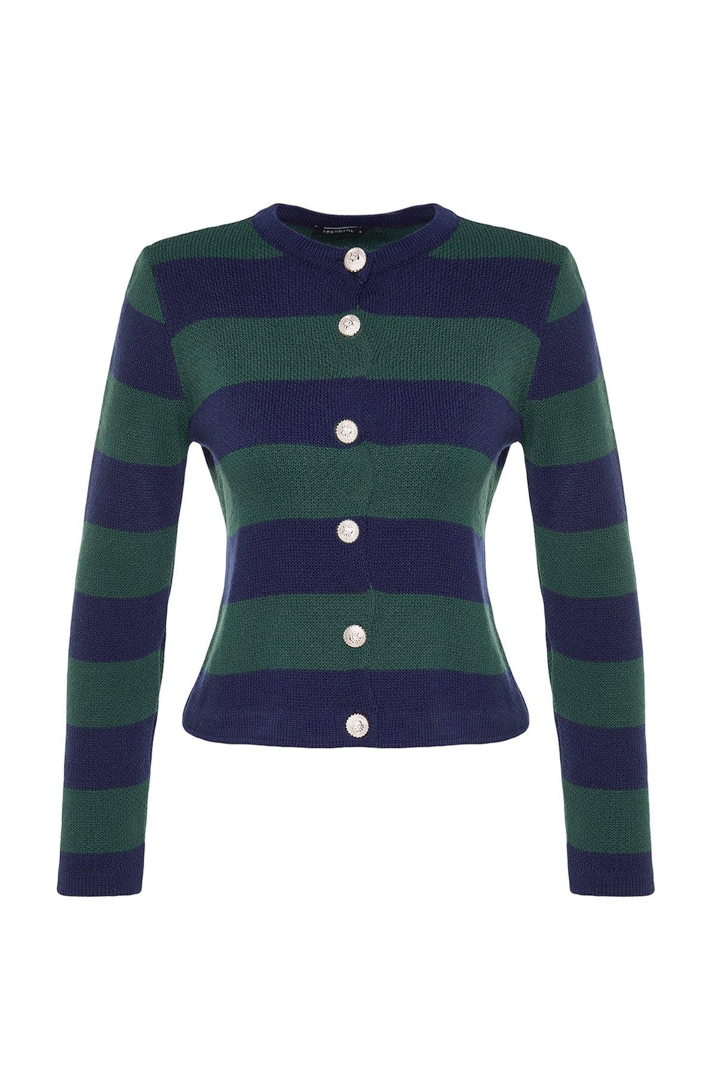 Trendyolmilla Indigo Çizgili Basic Ceket Görünümlü Triko Hırka TWOAW24HI00091