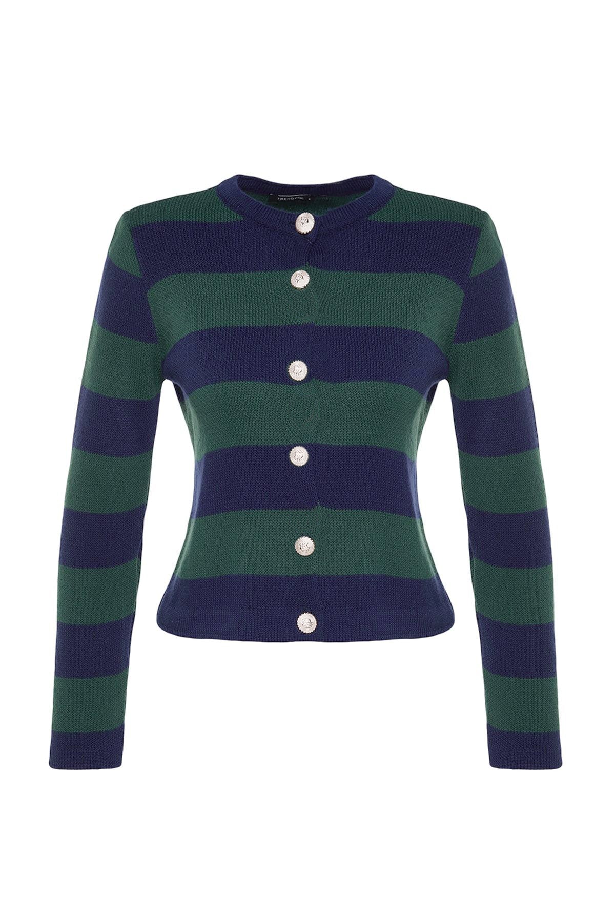 Trendyolmilla Indigo Çizgili Basic Ceket Görünümlü Triko Hırka TWOAW24HI00091