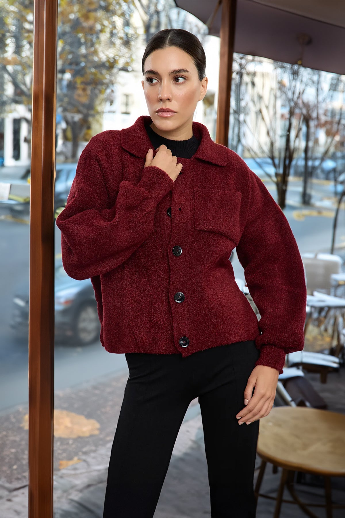 Trendyolmilla Bordo Yumuşak Dokulu Mont Görünümlü Triko Hırka TWOAW25HI00162 Secondary image