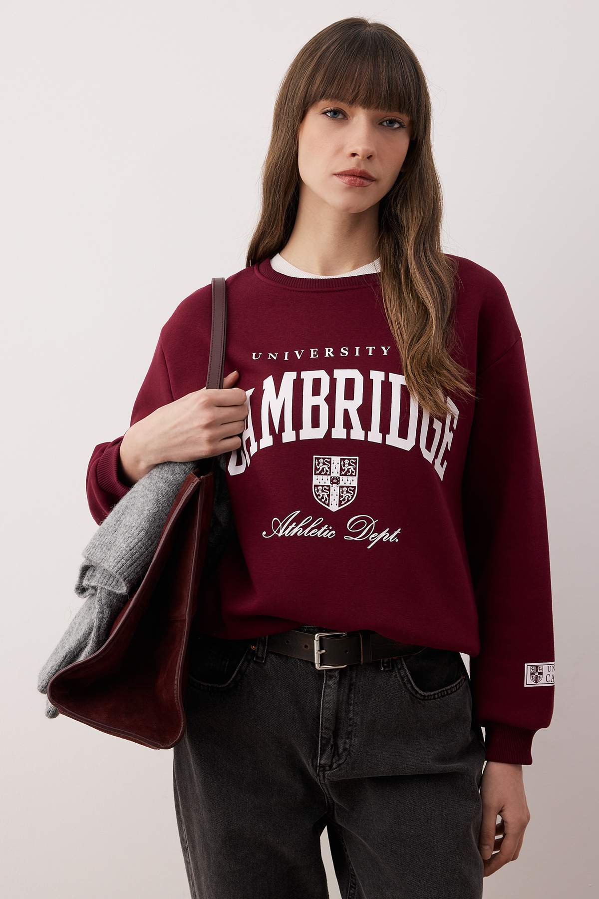 Bordo Slogan Baskılı Bisiklet Yaka Relaxed Örme Sweatshirt TWOAW26SW00220