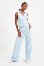 Trendyolmilla Açık Mavi Wide Leg/Geniş Paça Pilili Dokuma Kumaş Pantolon TWOSS21PL0189