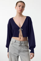 Trendyolmilla Ekru Süper Crop Basic Fiyonklu Triko Hırka TWOAW24HI00315