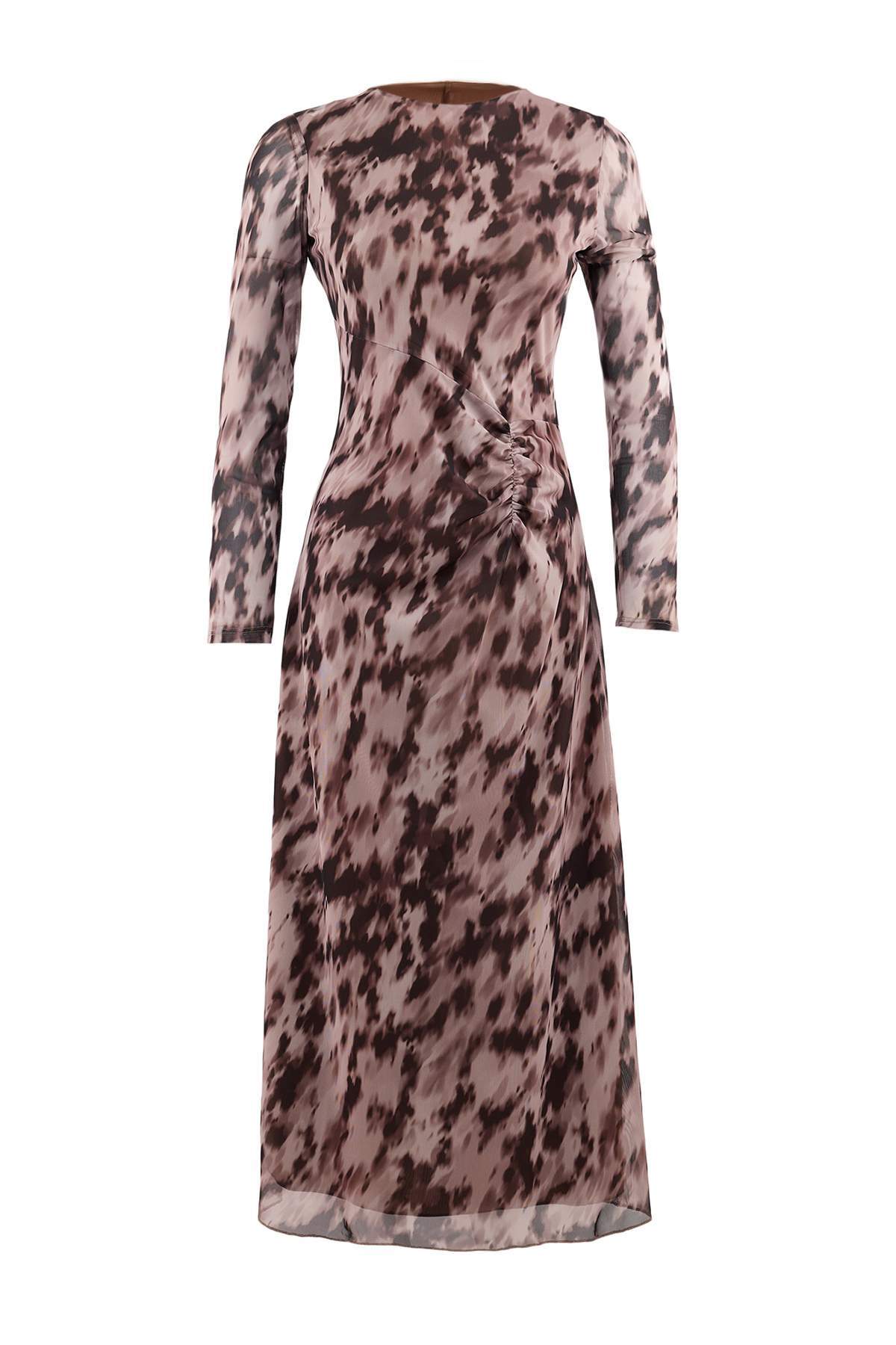 Trendyolmilla Kahverengi Baskılı Büzgü / Drape Maxi Örme Elbise TWOAW25EL00408