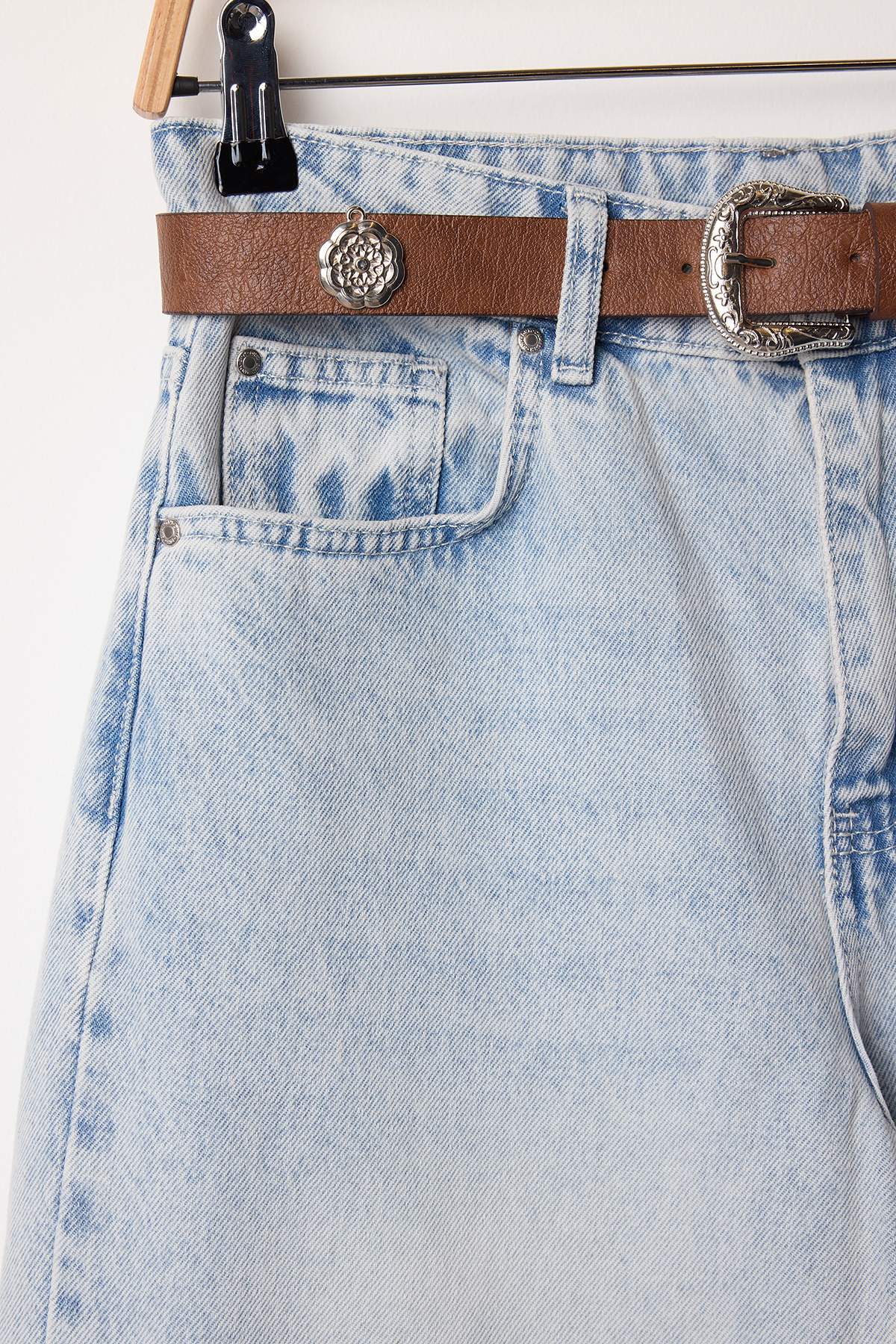 Açık Mavi Kemerli Yüksek Bel Wide Leg Palazzo Jeans TWOAW26JE00271