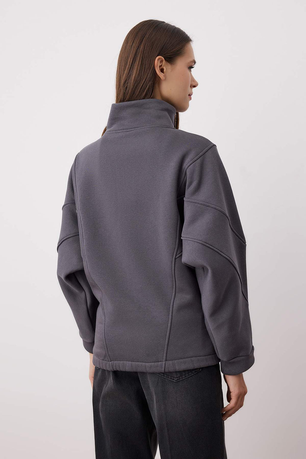 Gri Melanj Bordo Renk Bloklu Fermuarlı Dik Yaka Oversize Bomber Örme Sweatshirt TWOAW26SW00037