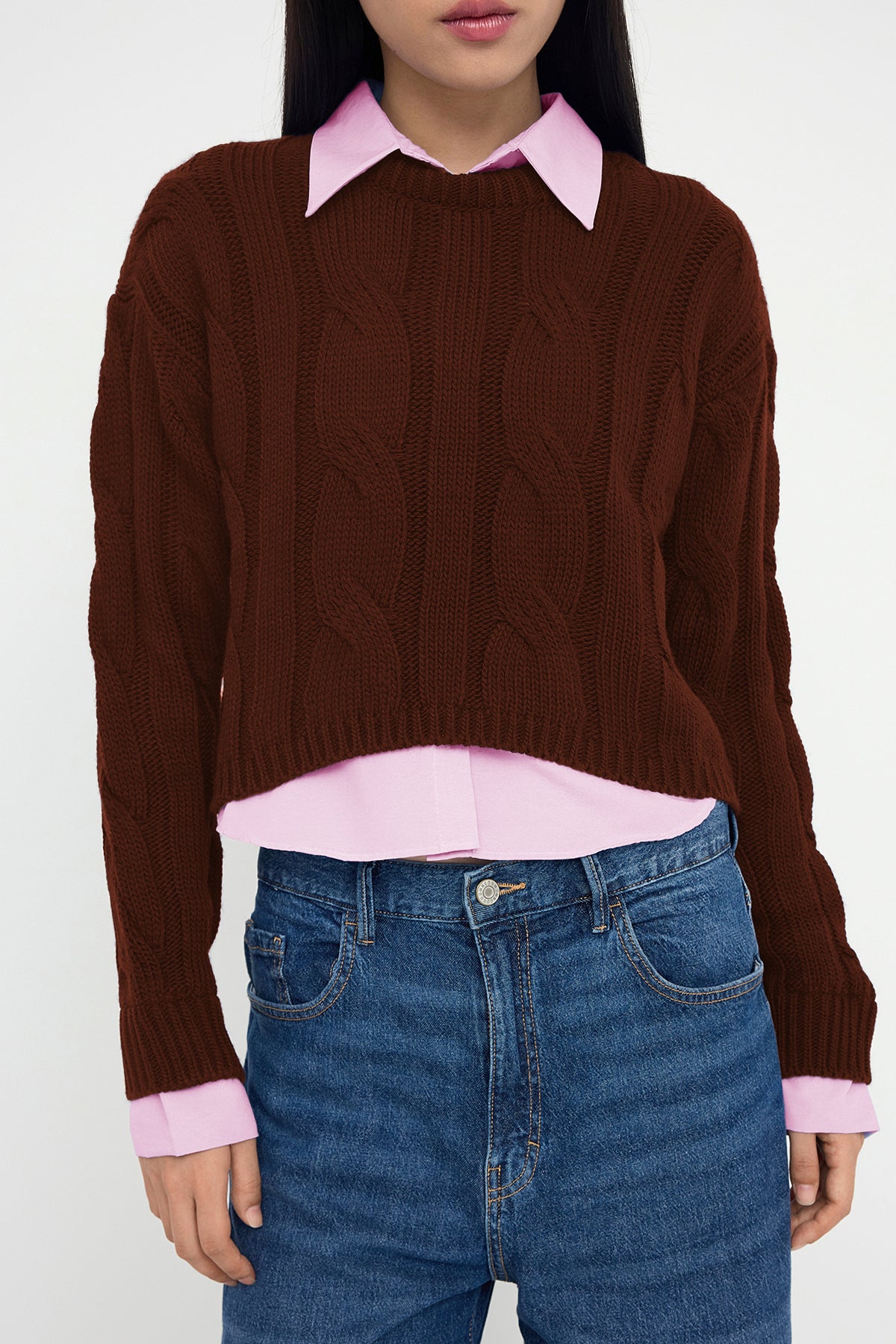Trendyolmilla Teen Koyu Gri Gömlek Garnili Detaylı Crop Triko Kazak TWOAW26KZ00047