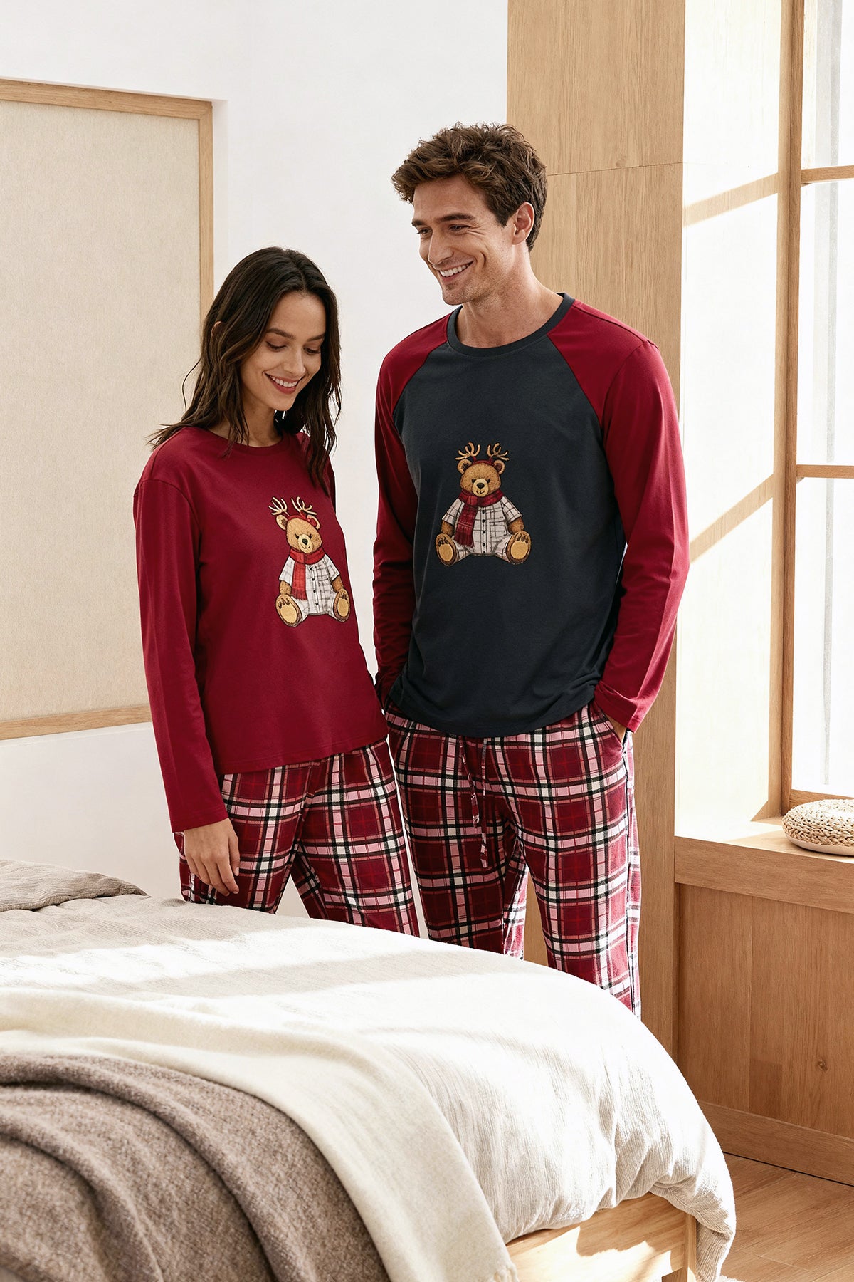 Kadın Couple/Çift Bordo %100 Pamuklu Yılbaşı Temalı Ekoseli Örme Pijama Takımı THMAW26PT00170
