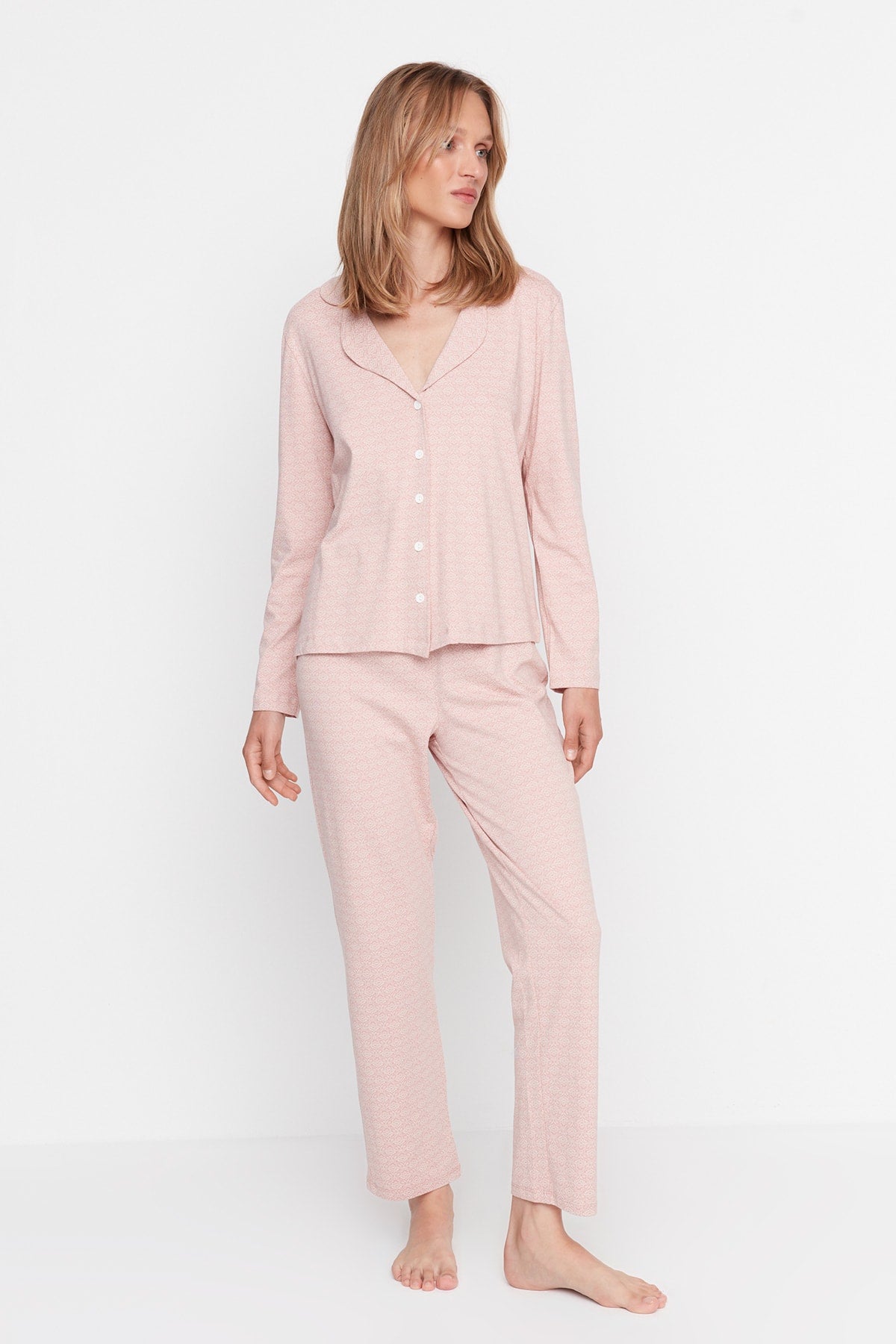 Pudra %100 Pamuklu Baskılı Örme Pijama Takımı THMAW20PT0265
