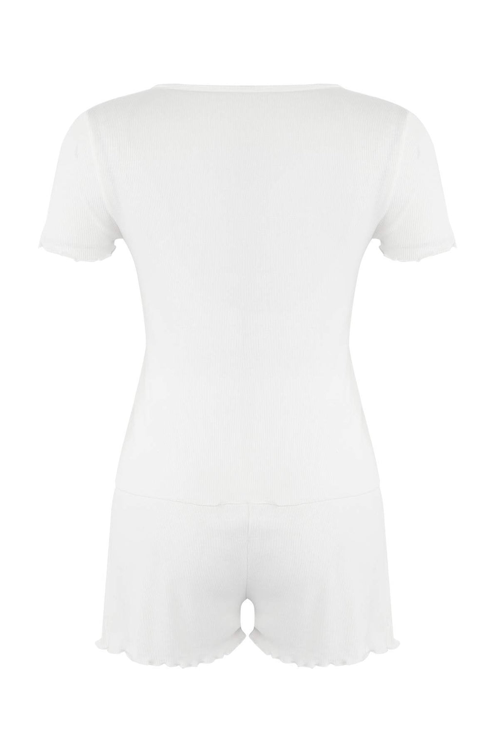 Trendyolmilla Ekru Dantel ve Gül Aksesuar Detaylı Fitilli Şortlu Örme Pijama Takımı THMSS25PT00417