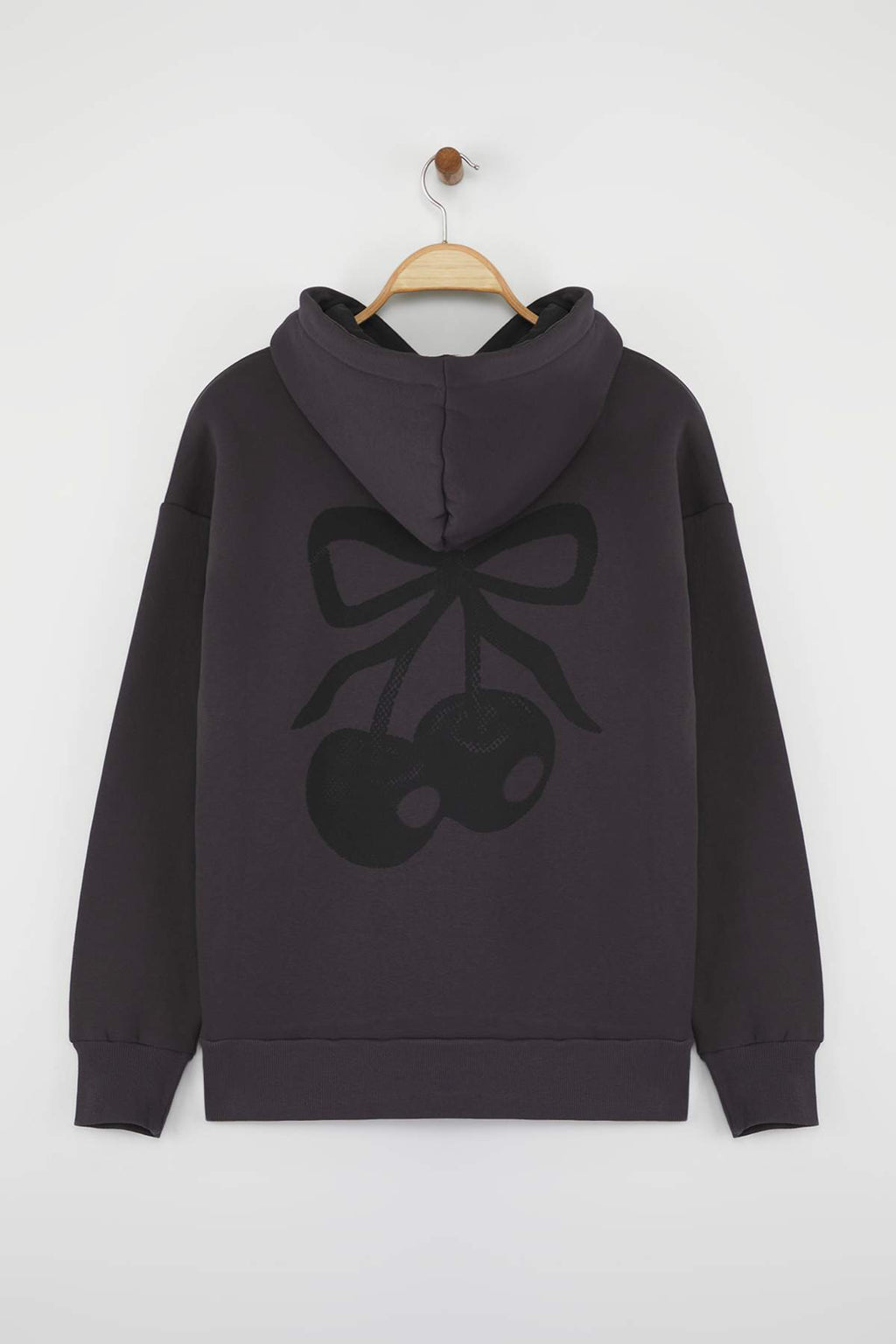 Antrasit Oversize/Geniş Kalıp Kiraz Sırt Baskılı Kalın İçi Polarlı Örme Sweatshirt TWOAW26SW00019