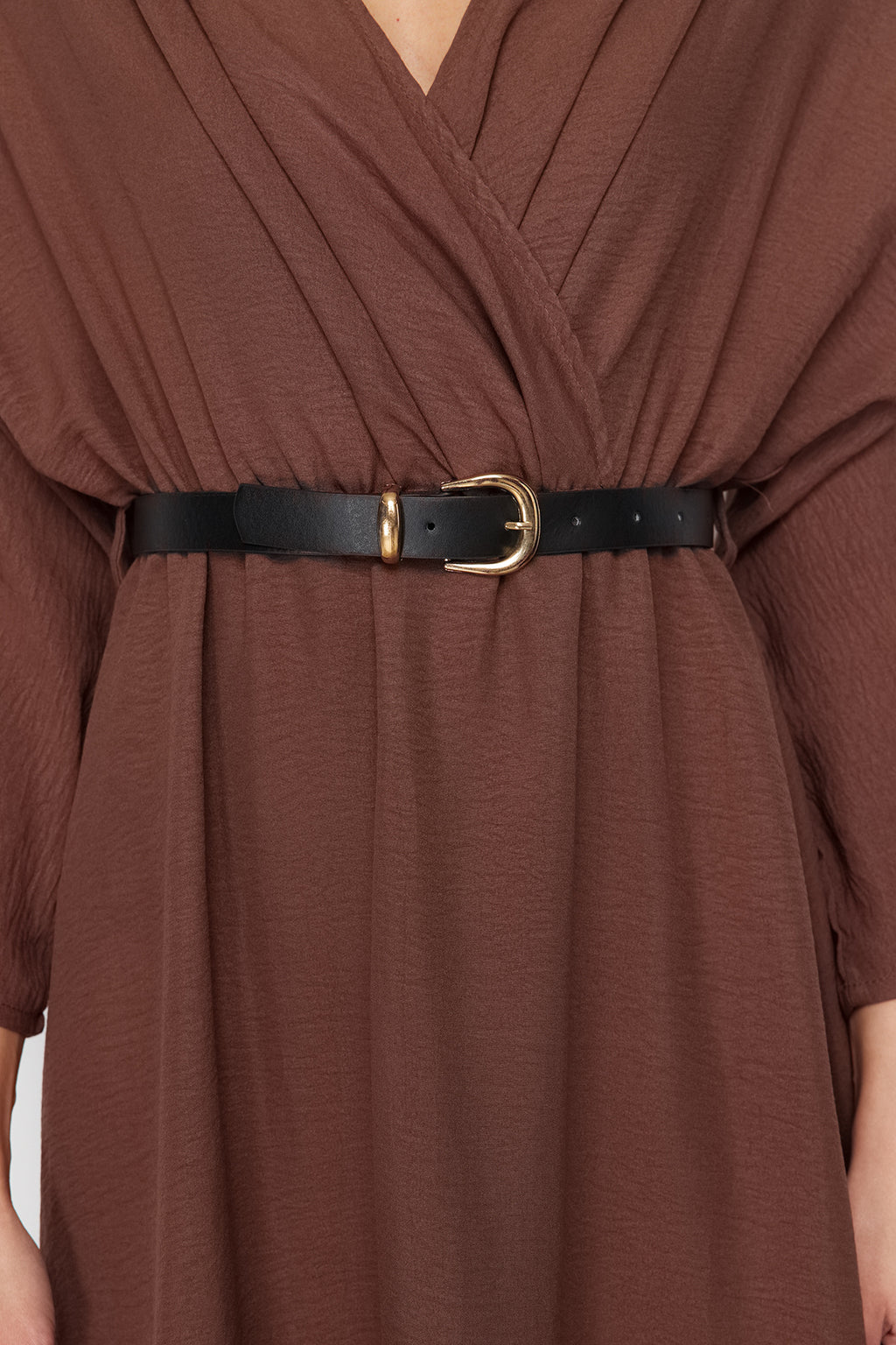 Trendyolmilla Kahverengi Kemerli A-line Kruvaze Yakalı Aerobin Boho Midi Dokuma Elbise TWOSS24EL00992