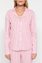 Trendyolmilla Mavi %100 Pamuklu Çizgili Gömlek-Pantolon Örme Pijama Takımı THMAW24PT00144