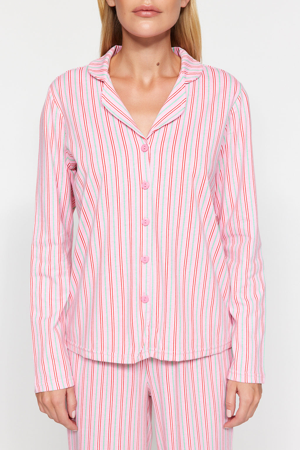Trendyolmilla Pembe %100 Pamuklu Çizgili Gömlek-Pantolon Örme Pijama Takımı THMAW24PT00144