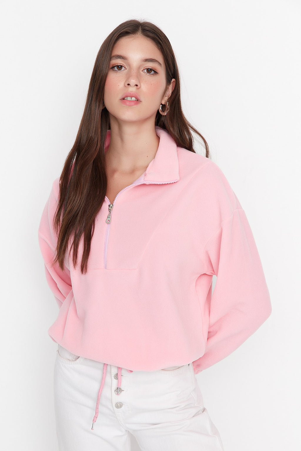 Trendyolmilla Açık Mavi  Fermuarlı Dik Yaka Polar Regular/Normal Kesim Örme Sweatshirt TWOAW21SW0758