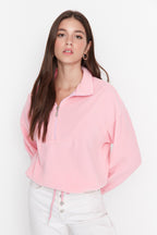 Trendyolmilla Açık Mavi  Fermuarlı Dik Yaka Polar Regular/Normal Kesim Örme Sweatshirt TWOAW21SW0758