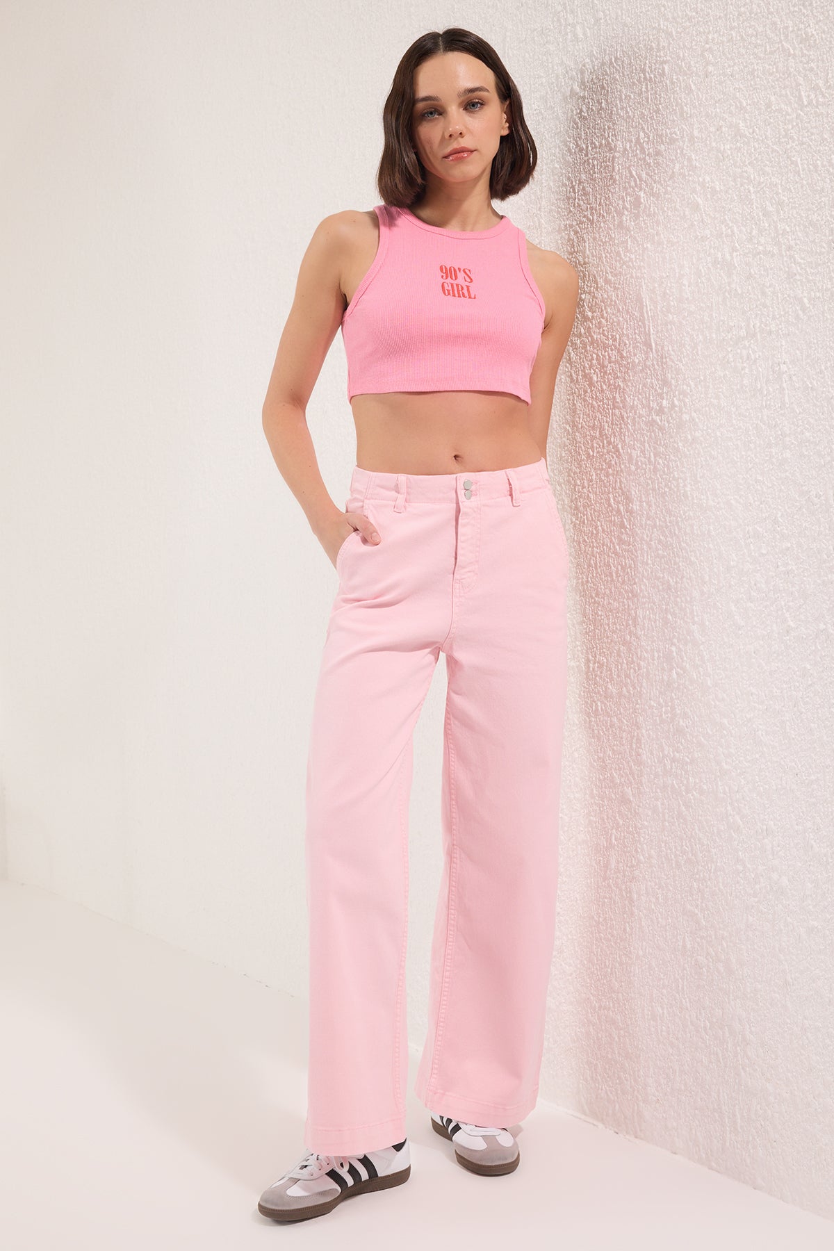 Trendyolmilla Pembe Düğme Detaylı Yüksek Bel Comfort/Esnek Wide Leg Jeans TWOSS25JE00183 Main image