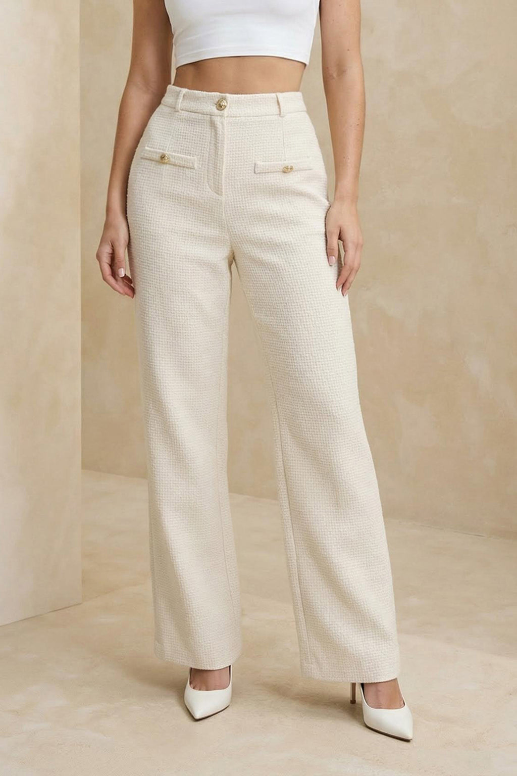 Ekru Tüvit Düğme Detaylı Pantolon TWOAW26PL00172