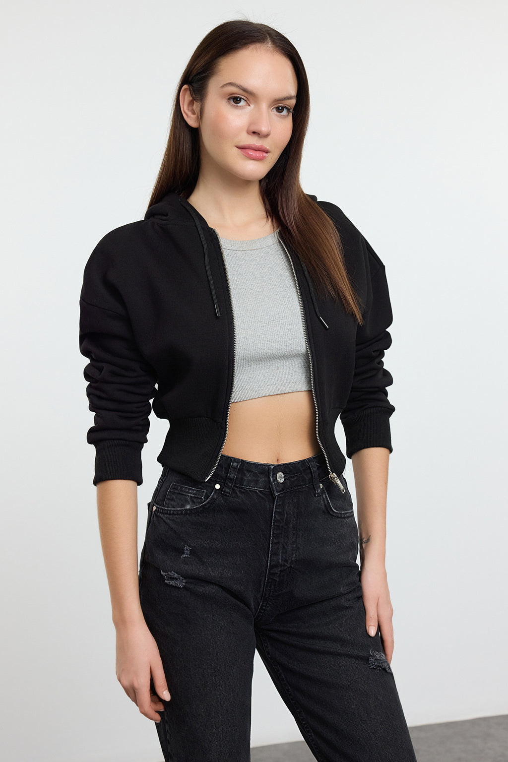 Trendyolmilla Siyah Crop Oversize Örme Sweatshirt TWOAW25SW00302