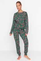 Trendyolmilla Bej %100 Pamuklu Yılbaşı Temalı Örme Pijama Takımı THMAW21PT0771