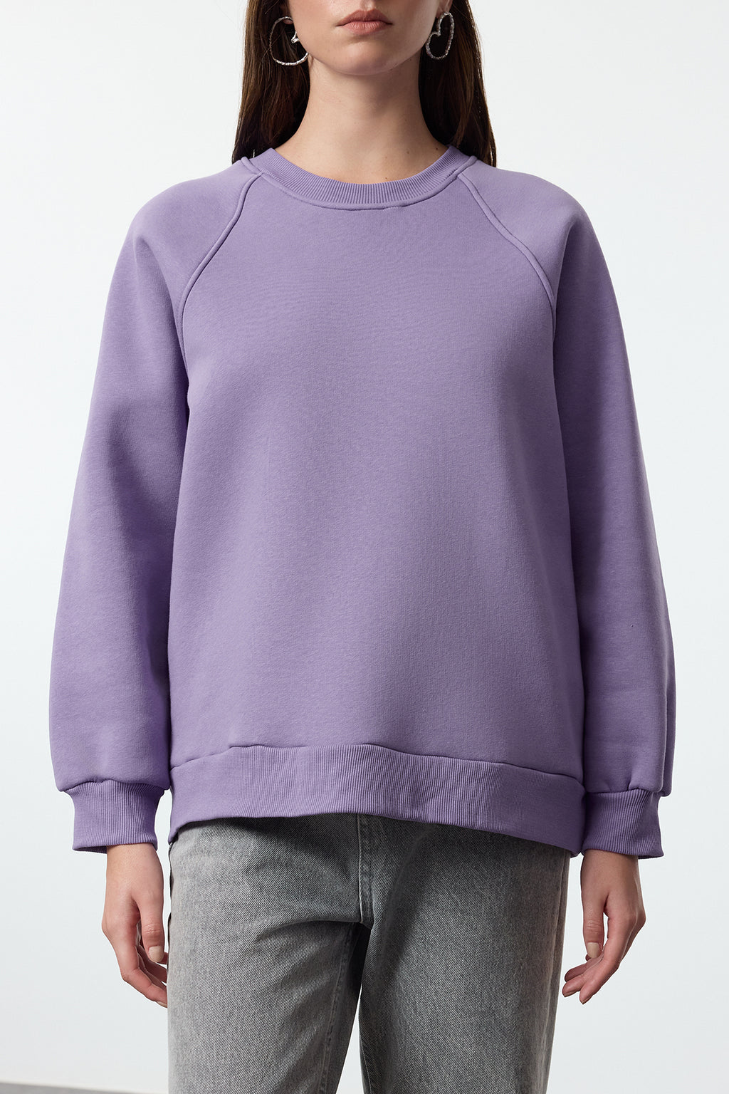 Trendyolmilla Lila Relaxed/Rahat Kalıp Basic Reglan Kol Bisiklet Yaka Örme Sweatshirt TWOAW24SW00104