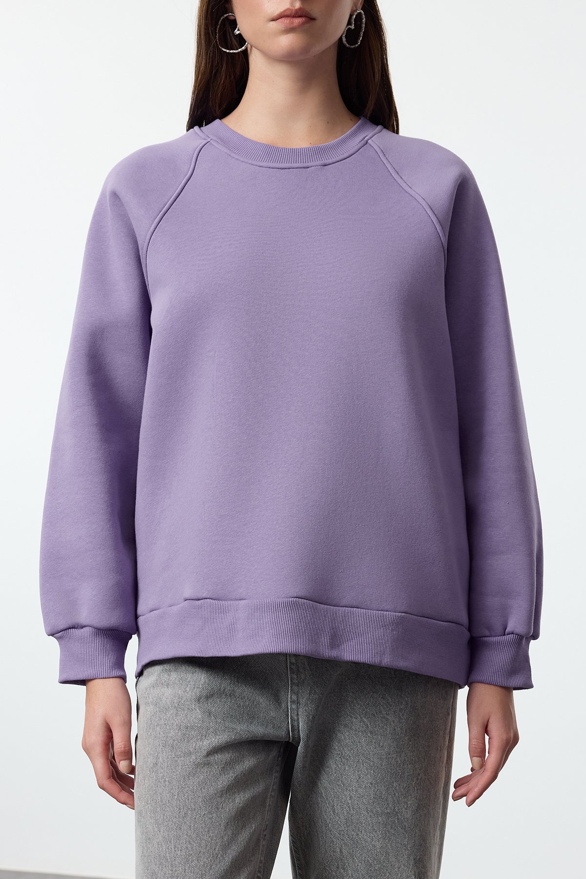 Trendyolmilla Lila Relaxed/Rahat Kalıp Basic Reglan Kol Bisiklet Yaka Örme Sweatshirt TWOAW24SW00104