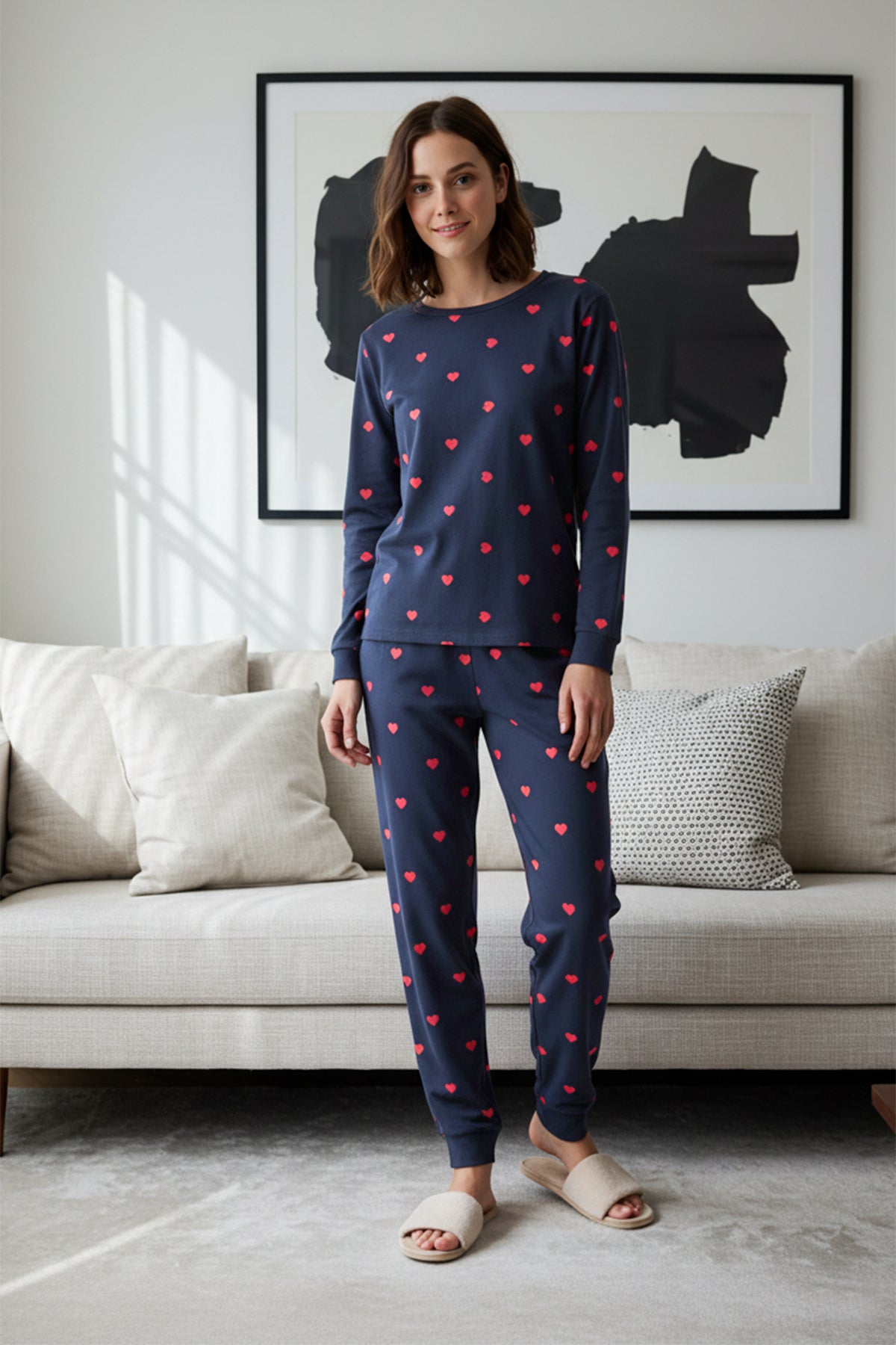 Trendyolmilla Kadın Mini Me/Anne Kız Pembe %100 Pamuklu Kalpli Örme Pijama Takımı THMAW21PT0566