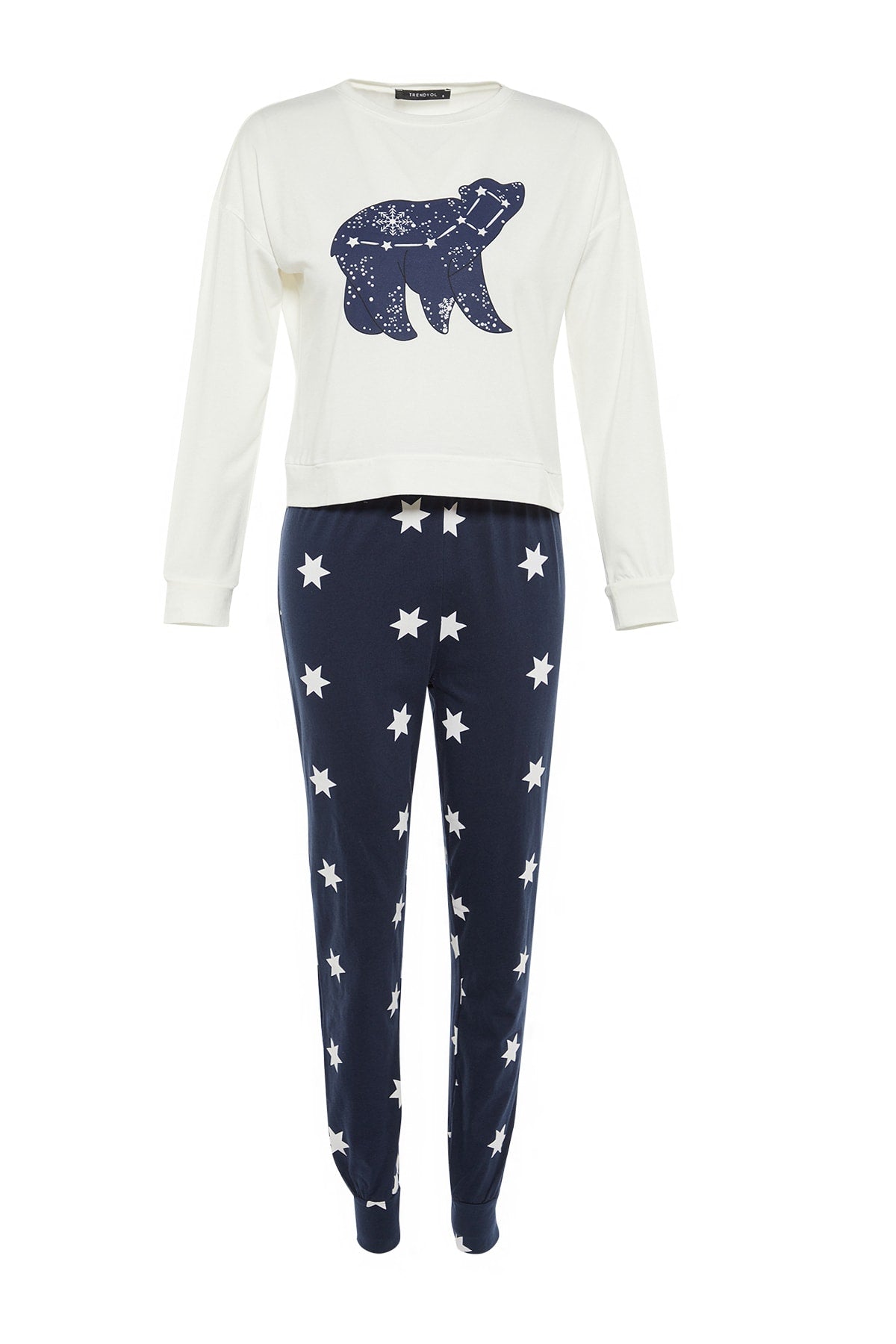 Trendyolmilla Beyaz %100 Pamuklu Yıldız Desenli Örme Pijama Takımı THMAW21PT0241