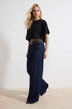 Koyu Mavi DÖKÜMLÜ Kemerli %100 Pamuk Yüksek Bel Wide Leg Jeans TWOSS26JE00076