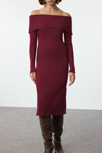 Trendyolmilla Kahverengi Midi Triko Basic Carmen Yaka Elbise TWOAW25EL00033