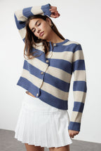 Trendyolmilla Indigo Çizgili Basic Ceket Görünümlü Triko Hırka TWOAW24HI00091