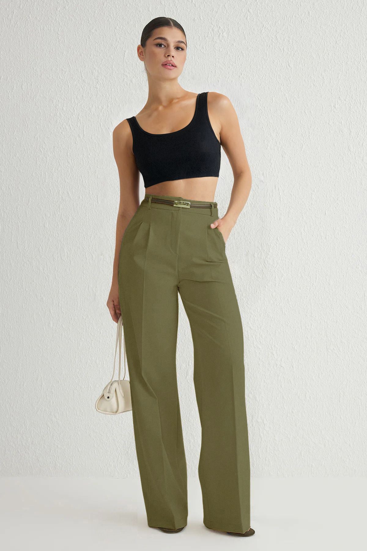 Trendyolmilla Siyah Pilili Wide Leg/Geniş Paça Dokuma Pantolon TWOAW25PL00109 Palazzo
