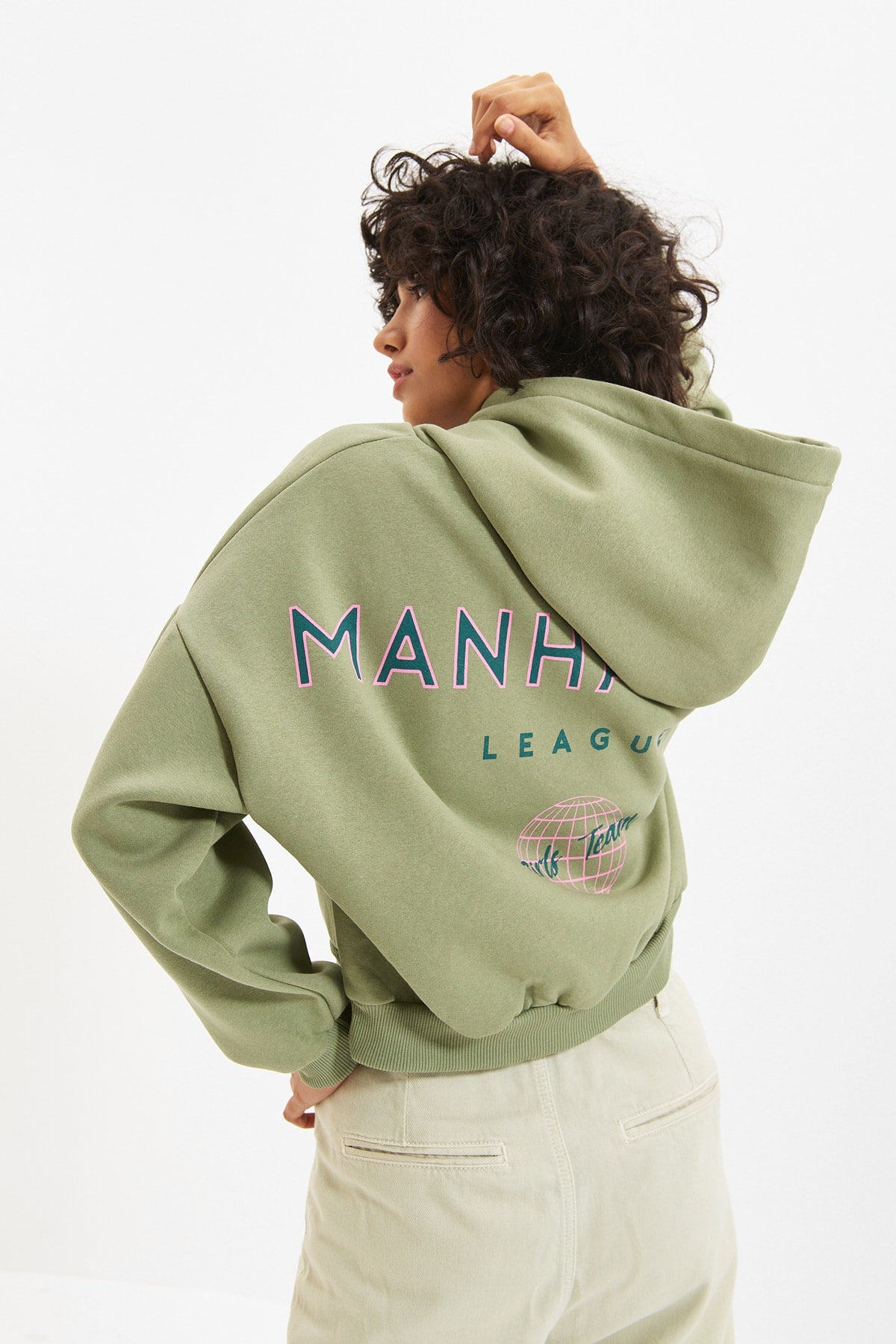 Trendyolmilla Mint Sırt Baskı Detaylı Kapüşonlu Kalın İçi Polarlı Örme Sweatshirt TWOAW22SW0711