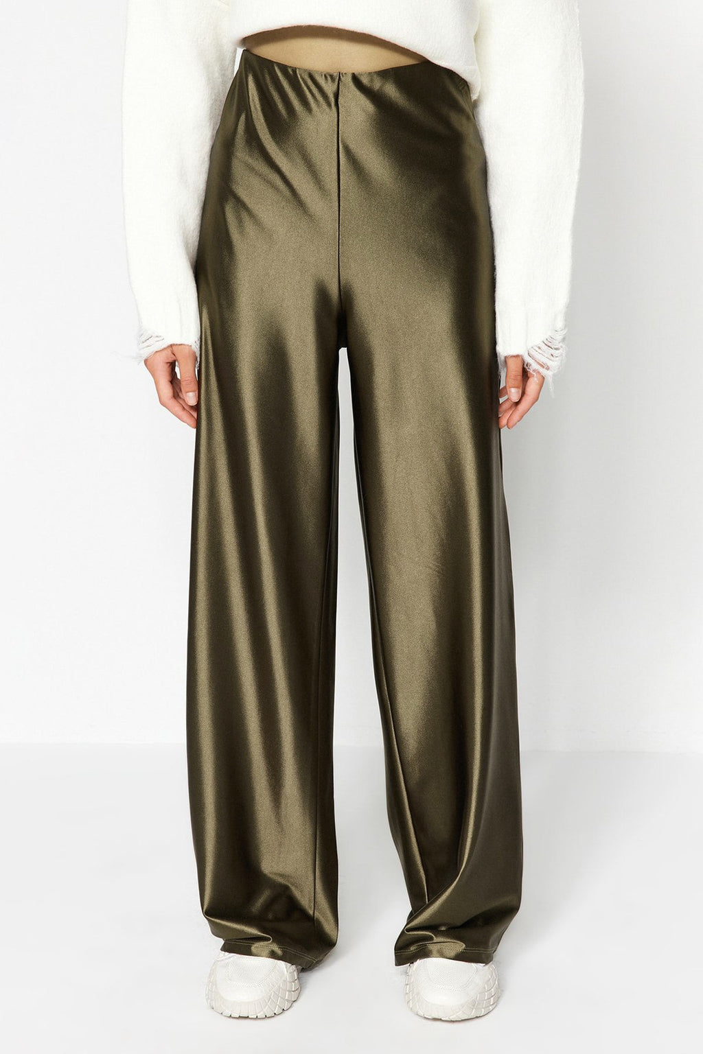 Haki Premium Saten Wideleg/Geniş Paça Örme Pantolon TWOAW24PL00064