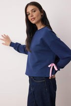 Trendyolmilla Lacivert Kalın İçi Polarlı Kurdele Detaylı Crop Boy Örme Sweatshirt TWOAW26SW00075