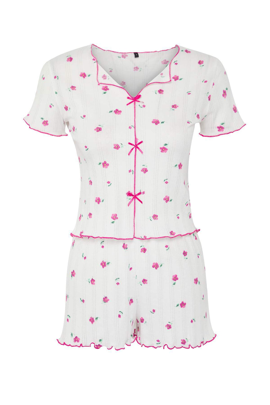 Trendyolmilla Beyaz %100 Pamuklu Çiçekli Kurdele/Fiyonklu Fitilli Şortlu Örme Pijama Takımı THMSS25PT00434
