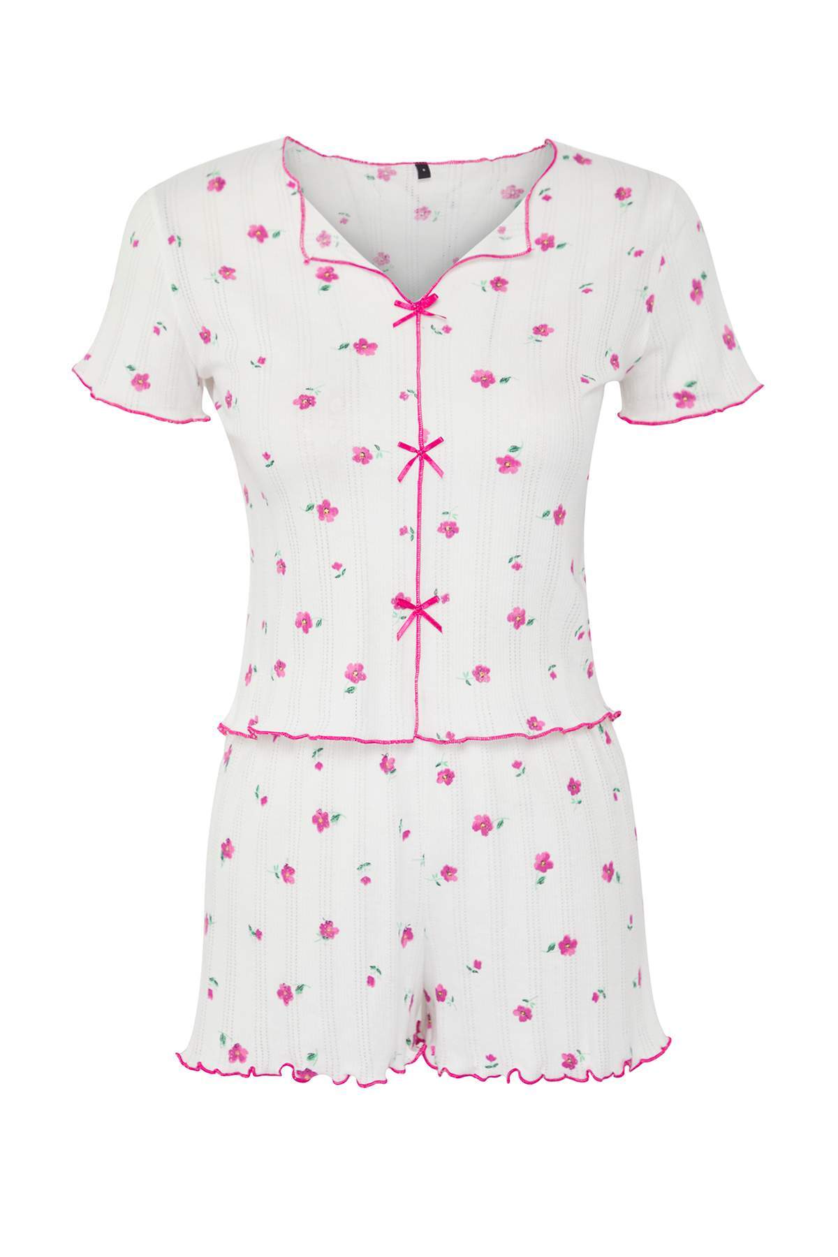 Trendyolmilla Beyaz %100 Pamuklu Çiçekli Kurdele/Fiyonklu Fitilli Şortlu Örme Pijama Takımı THMSS25PT00434