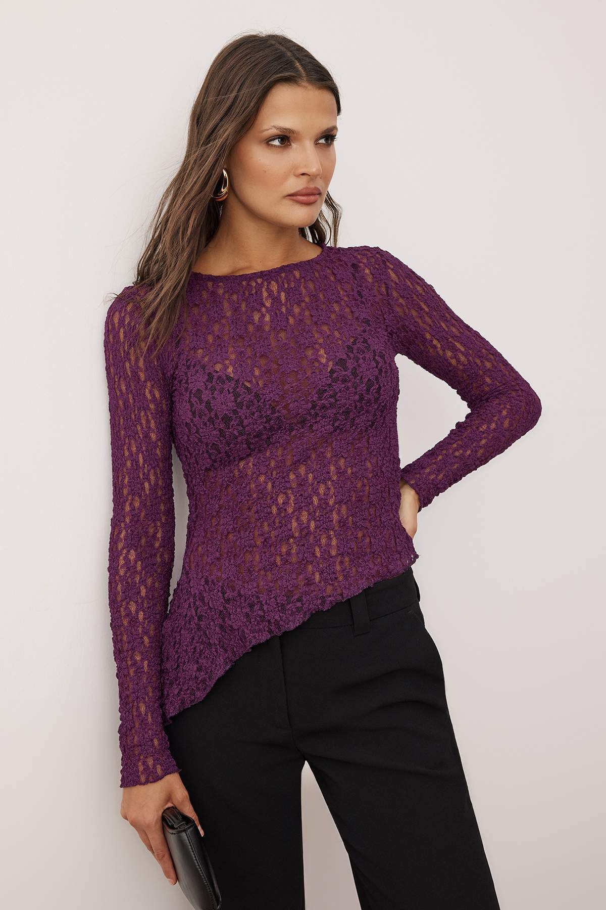 Mürdüm Asimetrik Dantel Fitted/Vücuda Oturan Örme Bluz TWOAW26BZ00028 Secondary image