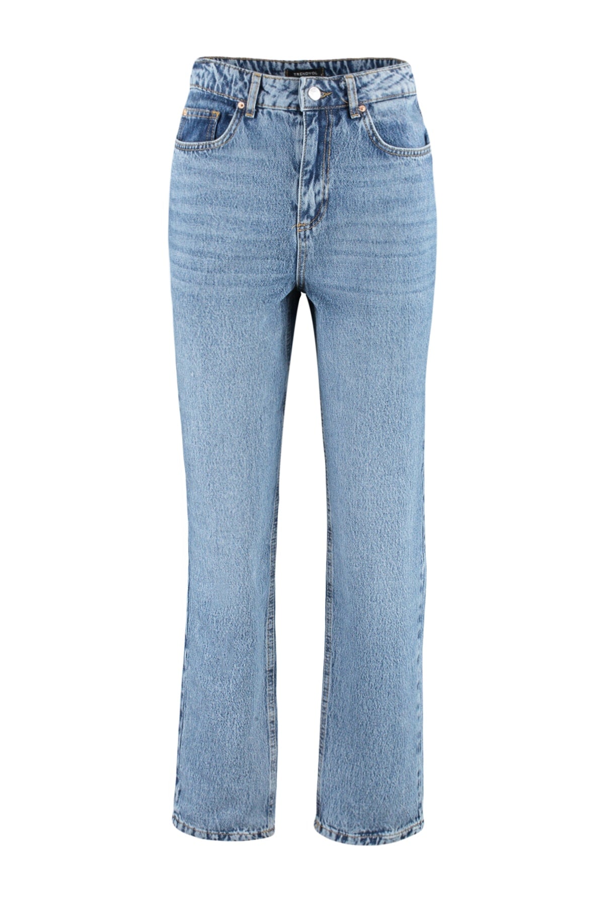 Trendyolmilla Mavi Yüksek Bel Düz Kesim Straight %100 Pamuk Non-Stretch Jeans TWOSS23JE00089