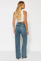 Trendyolmilla Mavi Soluk Efekt Vintage Yüksek Bel Wide Leg Geniş Paça %100 Pamuk Non-Stretch Jeans TWOAW24JE00089