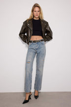 Mavi Yırtıklı Yüksek Bel Düz Kesim Straight %100 Pamuk Non-Stretch Jeans TWOAW24JE00033