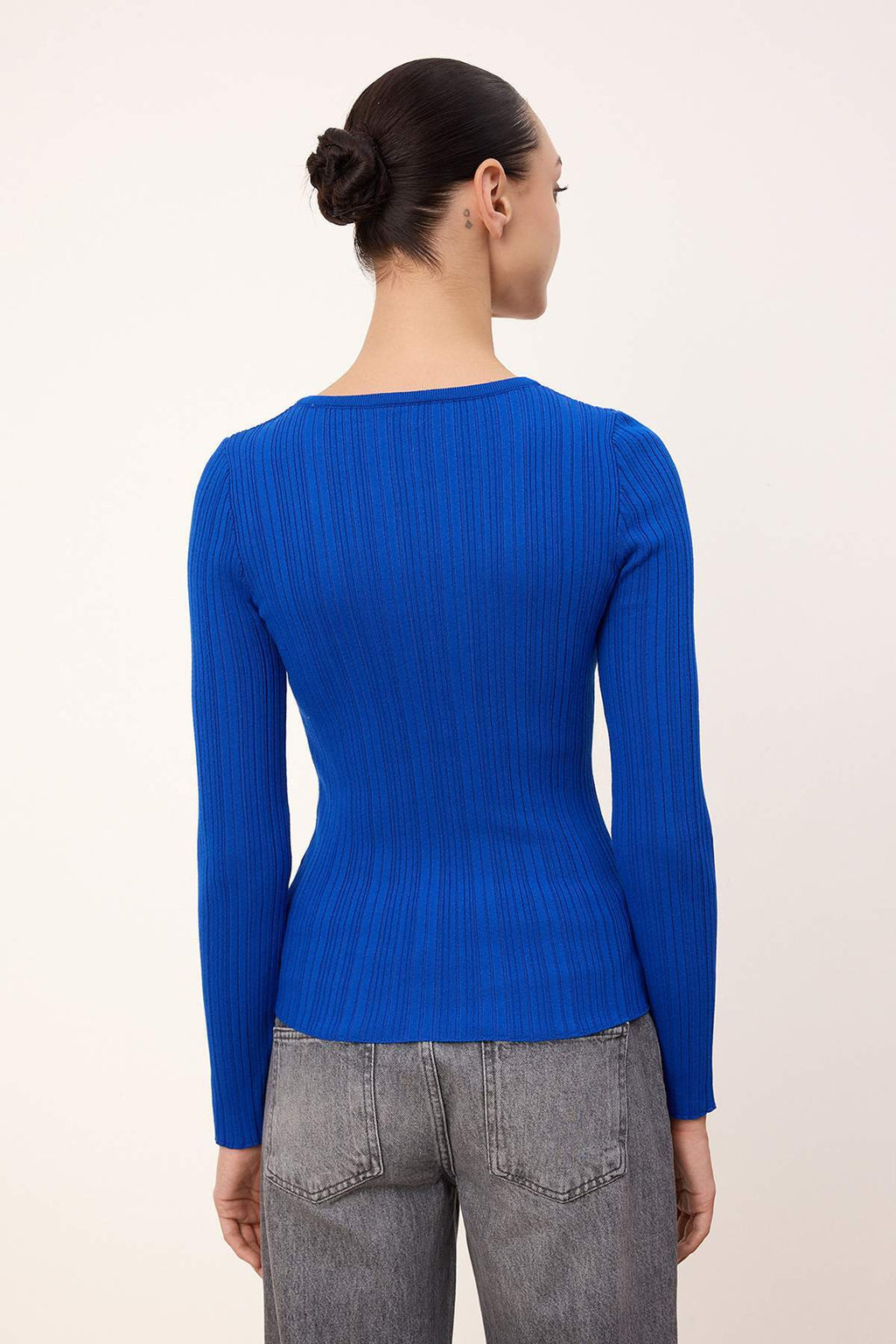 Trendyolmilla Wardrobe Essentials Saks Fitted/Vücuda Oturan Fitilli Triko Kazak TWOAW26KZ00083