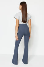 Trendyolmilla Antrasit Fitilli Flare/İspanyol Paça Yüksek Bel Esnek Örme Tayt Pantolon TWOSS23PL00135