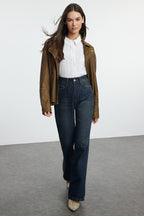 Koyu Mavi Yüksek Bel Geniş Paça Wide Leg Jeans %100 Pamuk Non-Stretch TWOAW24JE00313