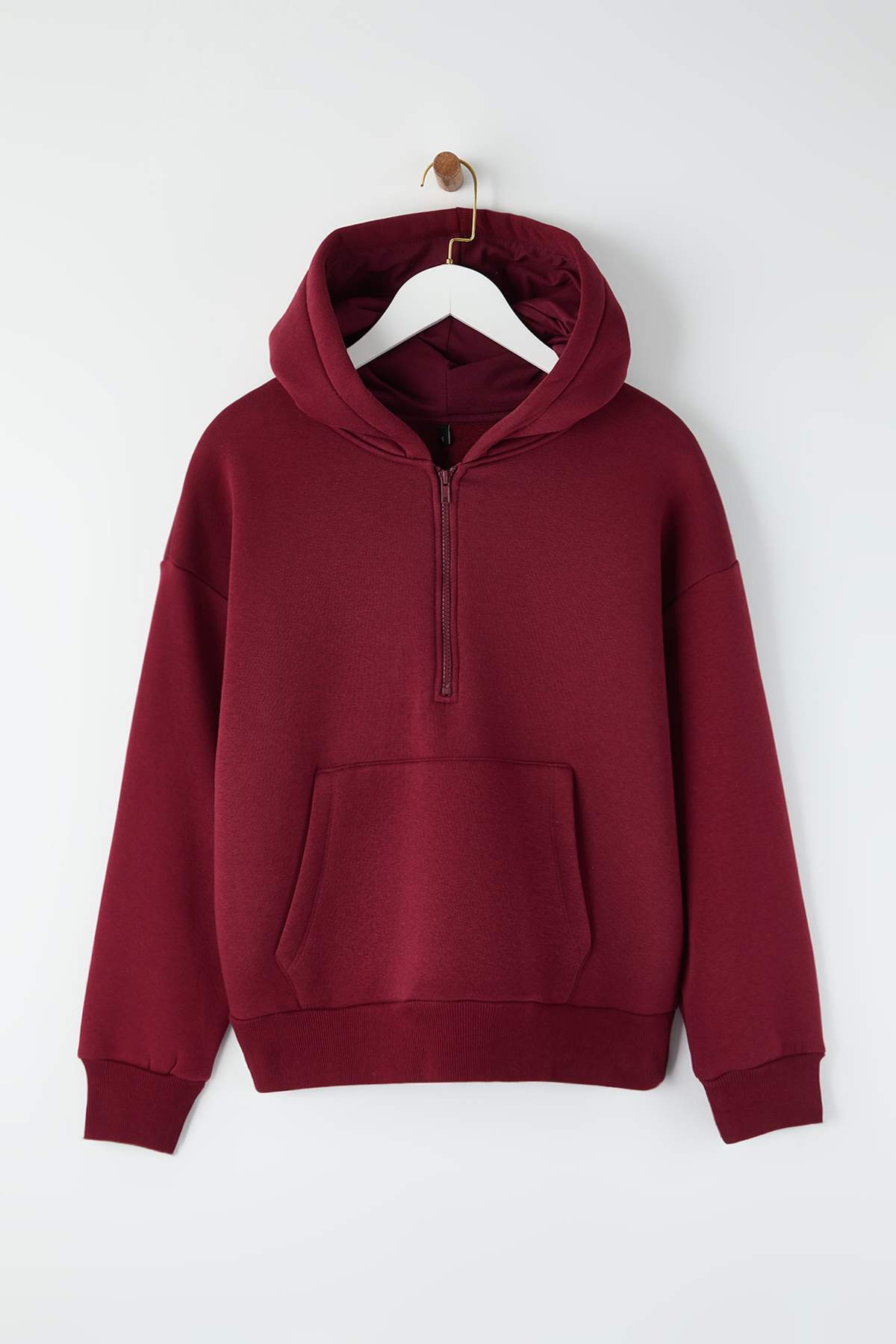 Trendyolmilla Teen Siyah Kapüşonlu Kalın İçi Polarlı Yarım Pat Fermuarlı Cepli Örme Sweatshirt TWOAW26SW00160