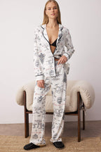 Ekru %100 Pamuklu Kış Temalı Biye Detaylı Örme Pijama Takımı THMAW25PT00038