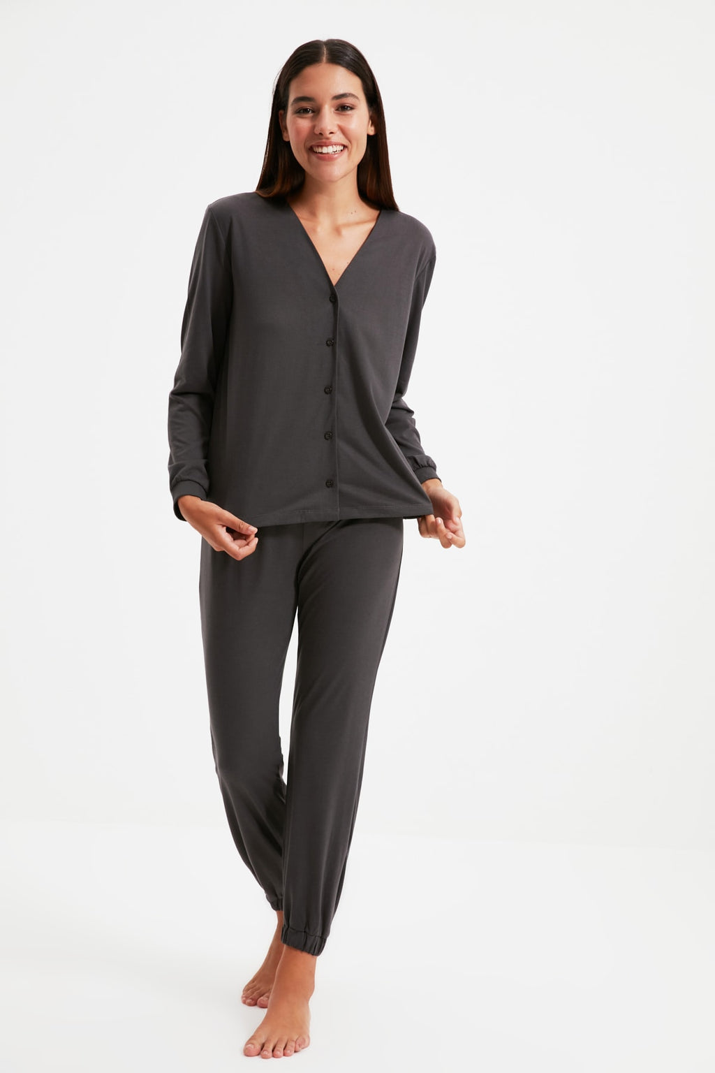 Antrasit %100 Pamuklu Gömlek-Jogger Örme Pijama Takımı THMAW21PT0632