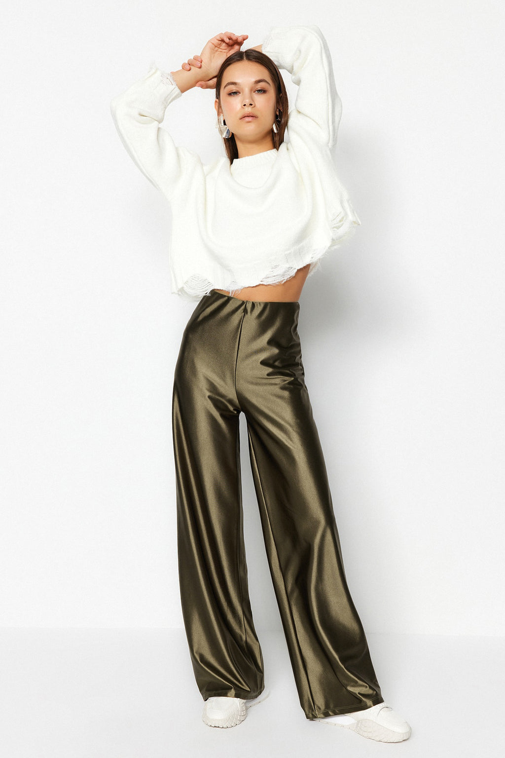 Haki Premium Saten Wideleg/Geniş Paça Örme Pantolon TWOAW24PL00064